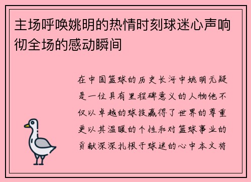 主场呼唤姚明的热情时刻球迷心声响彻全场的感动瞬间